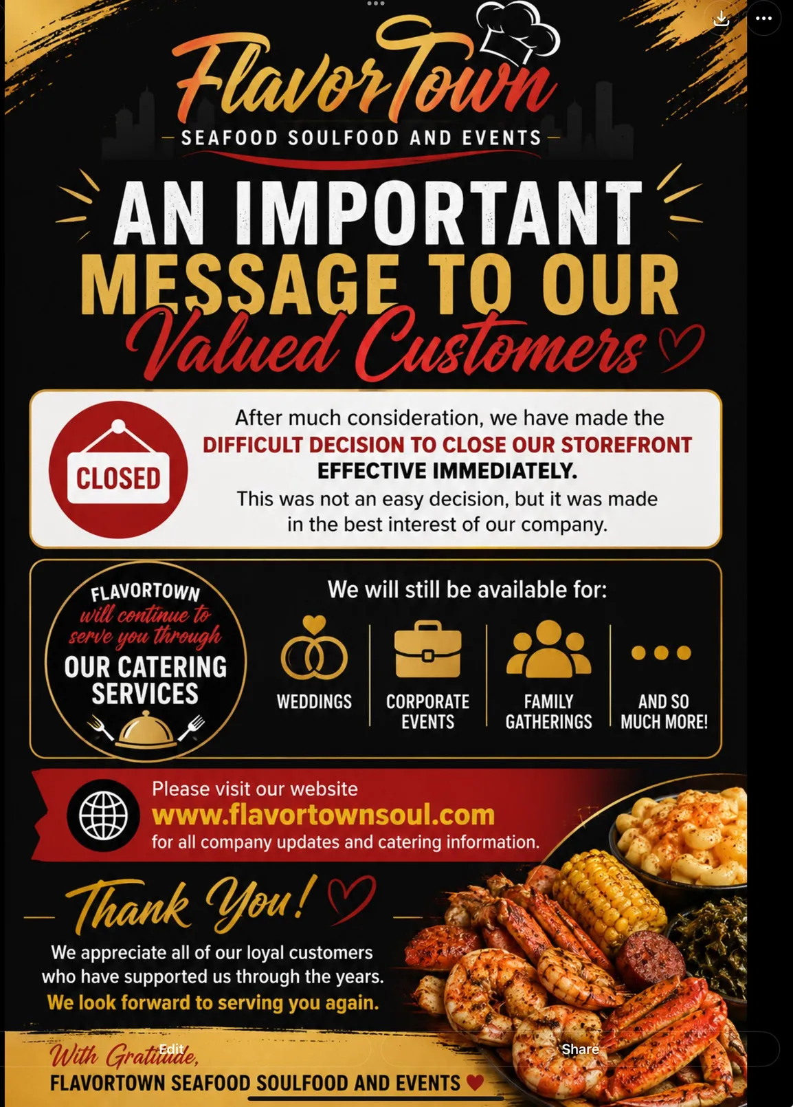 FlavorTown closing announcement flyer